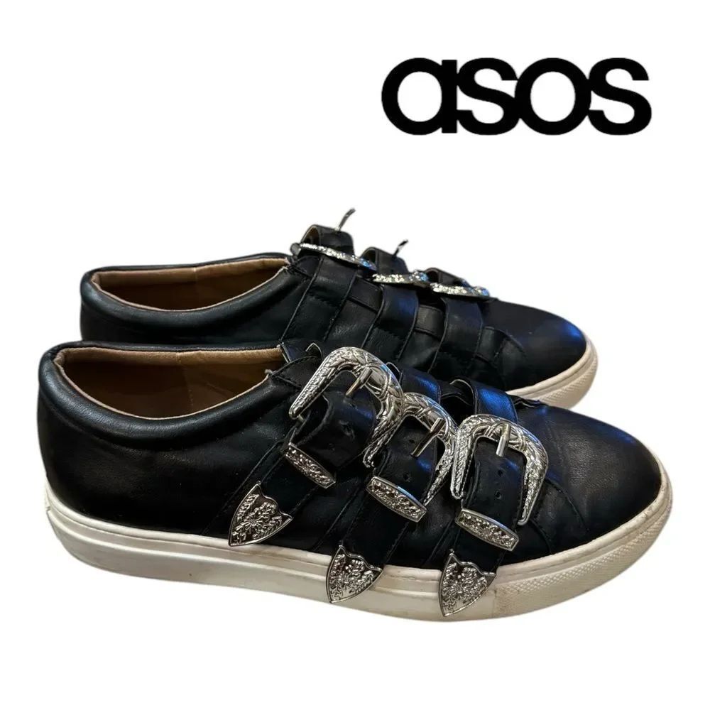 ASOS Women's Black Triple Western Silver Buckle Sneakers UK 4
